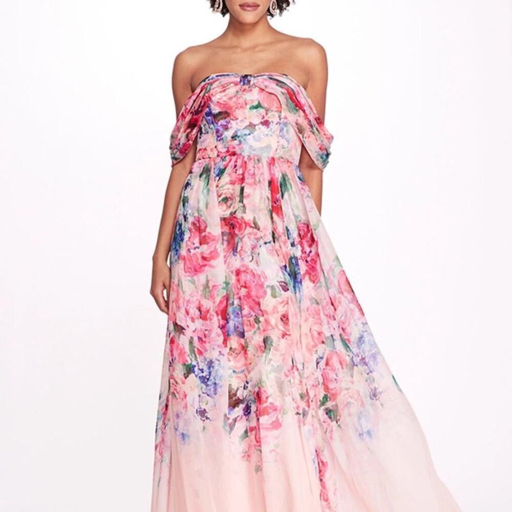 Marchesa center knot chiffon floral Gown US8